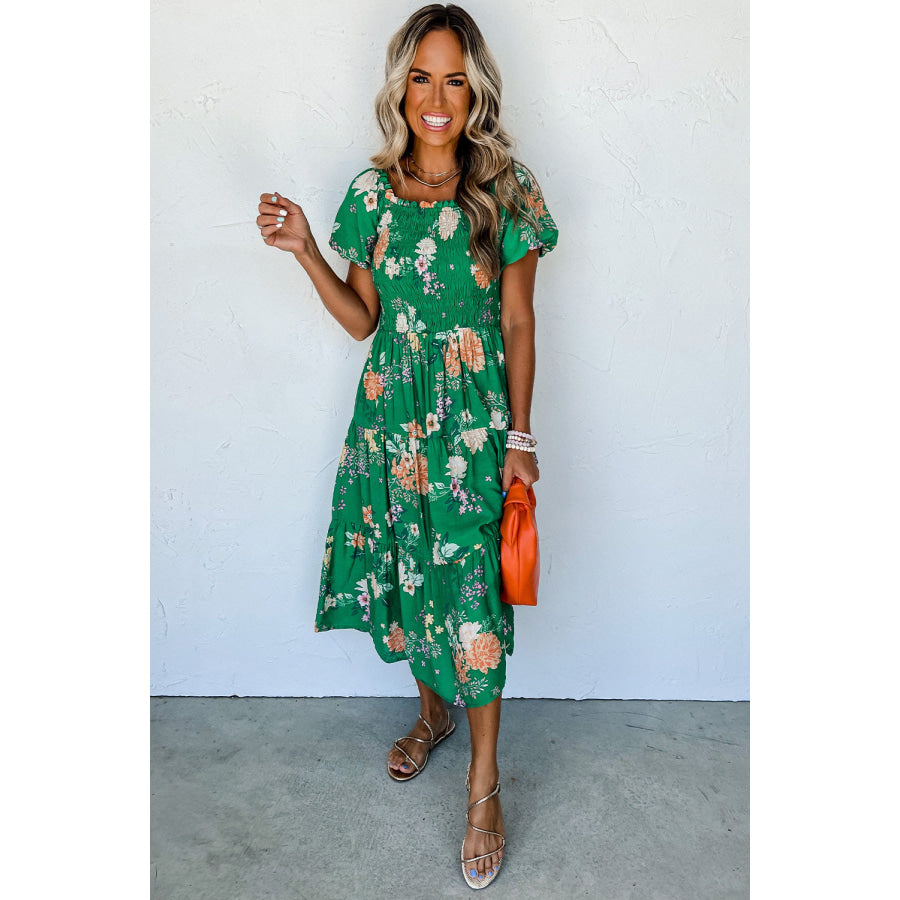 Green Floral Print Bubble Sleeve Smocked Tiered Midi Dress Dresses/Floral Dresses