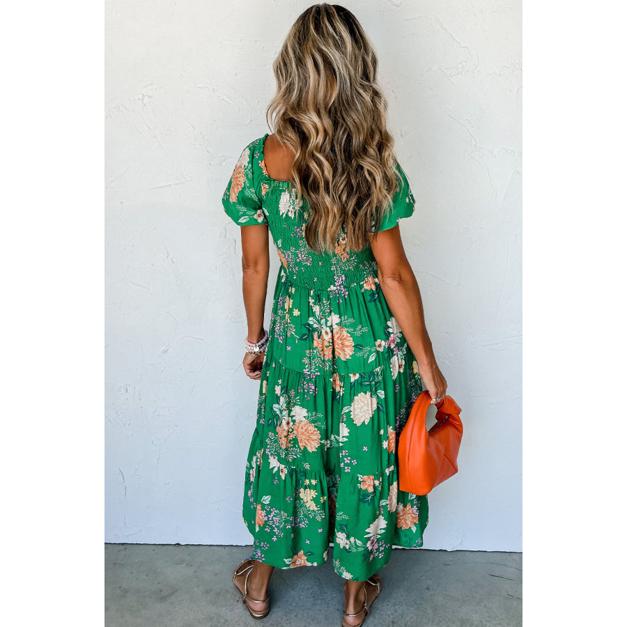 Green Floral Print Bubble Sleeve Smocked Tiered Midi Dress Dresses/Floral Dresses