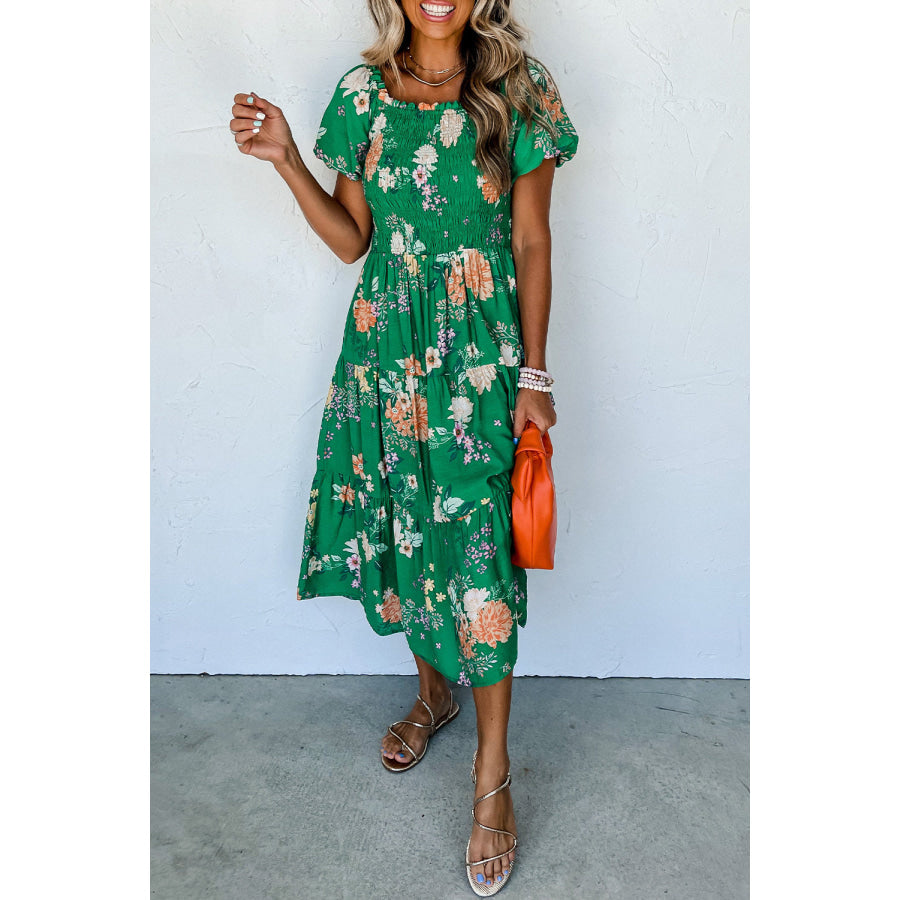 Green Floral Print Bubble Sleeve Smocked Tiered Midi Dress Green / S / 100% Viscose Dresses/Floral Dresses