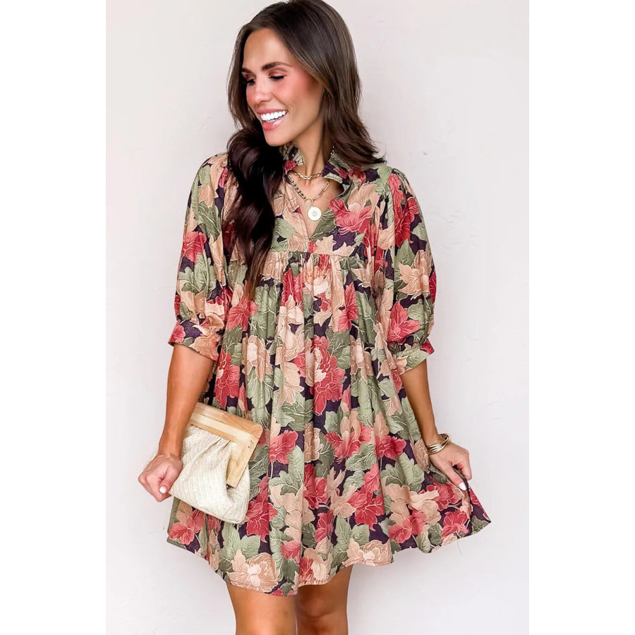 Green Floral Print Frilled Collar V Neck Half Sleeve Mini Dress Dresses/Floral Dresses