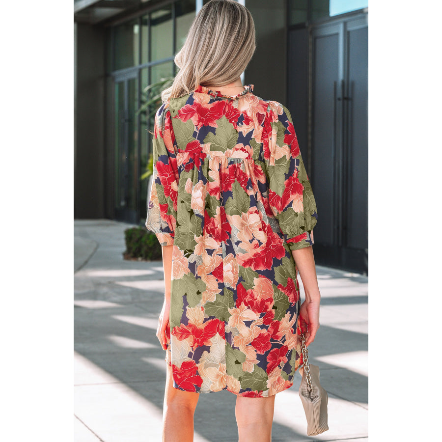 Green Floral Print Frilled Collar V Neck Half Sleeve Mini Dress Dresses/Floral Dresses