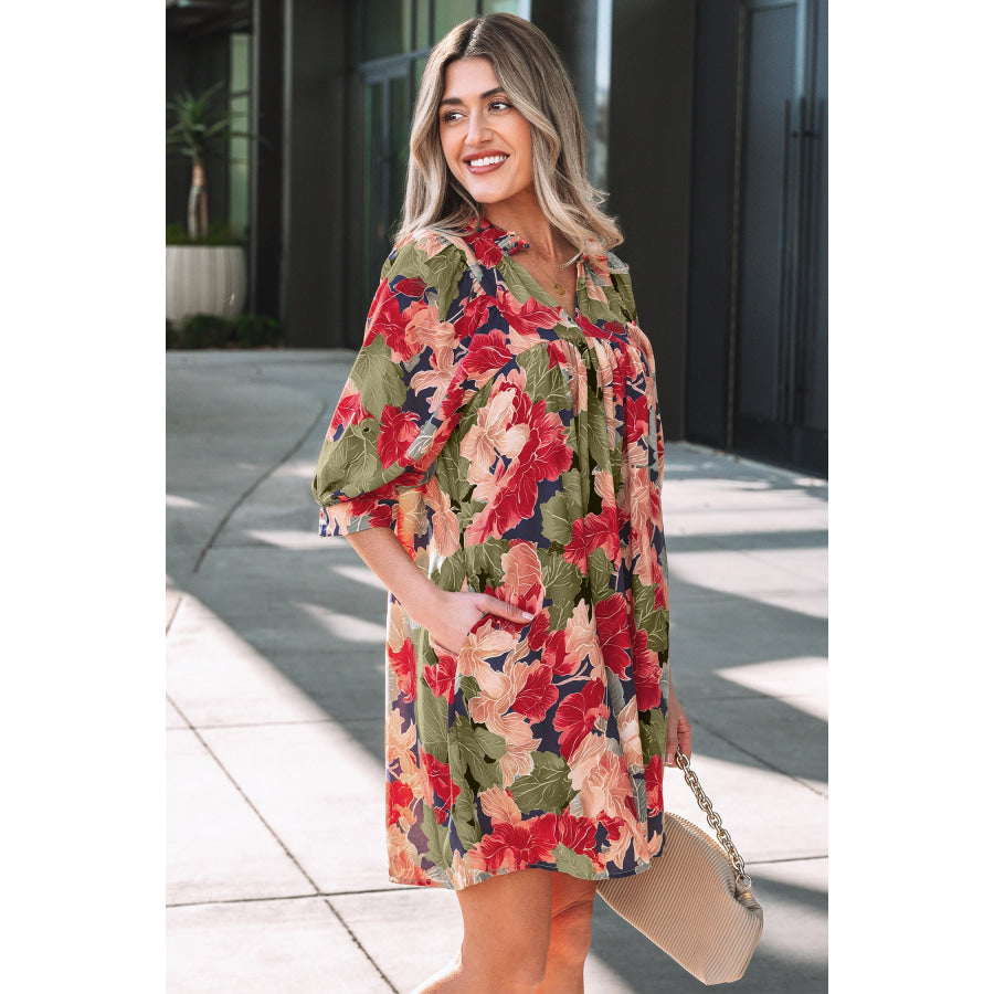 Green Floral Print Frilled Collar V Neck Half Sleeve Mini Dress Dresses/Floral Dresses