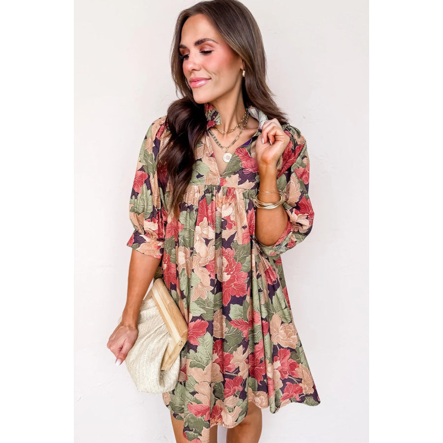 Green Floral Print Frilled Collar V Neck Half Sleeve Mini Dress Dresses/Floral Dresses