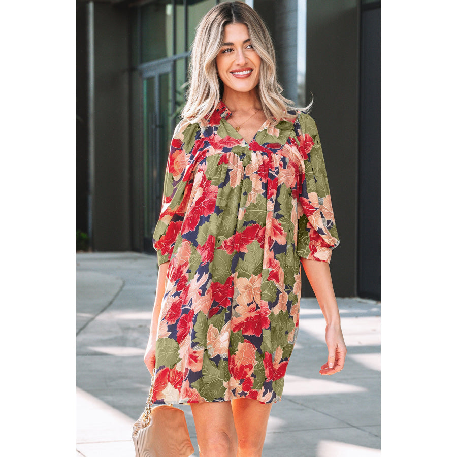 Green Floral Print Frilled Collar V Neck Half Sleeve Mini Dress Dresses/Floral Dresses