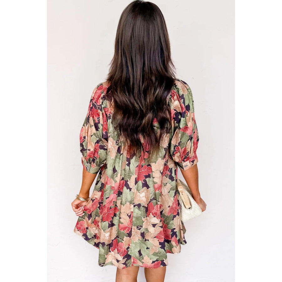 Green Floral Print Frilled Collar V Neck Half Sleeve Mini Dress Dresses/Floral Dresses