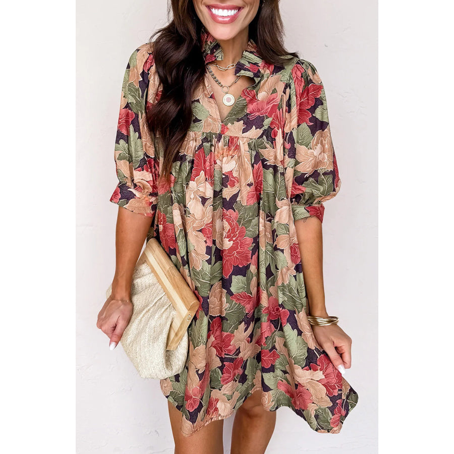 Green Floral Print Frilled Collar V Neck Half Sleeve Mini Dress Dresses/Floral Dresses