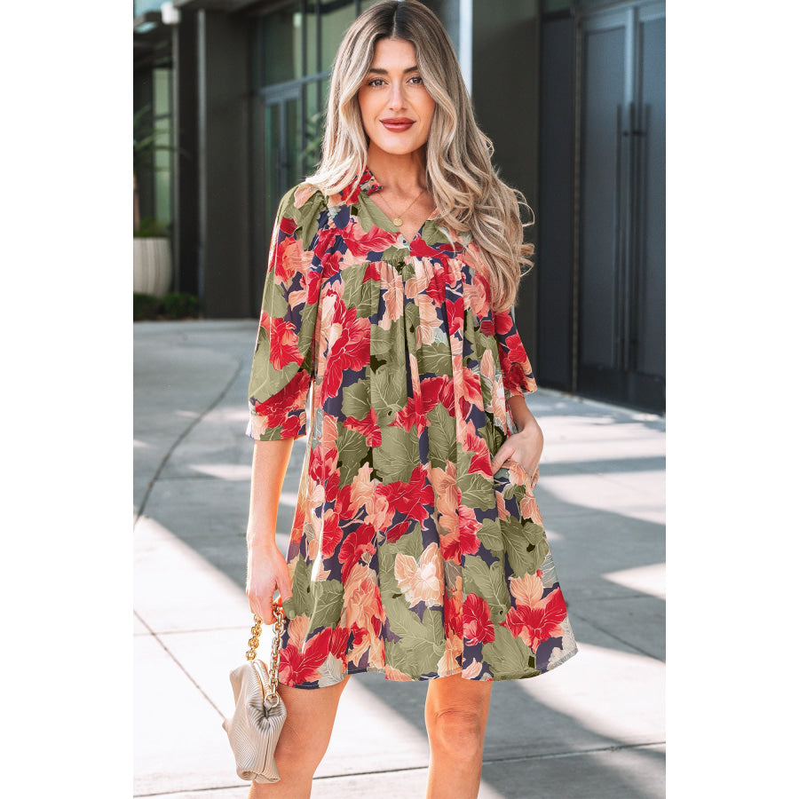 Green Floral Print Frilled Collar V Neck Half Sleeve Mini Dress Green / S / 100% Polyester Dresses/Floral Dresses