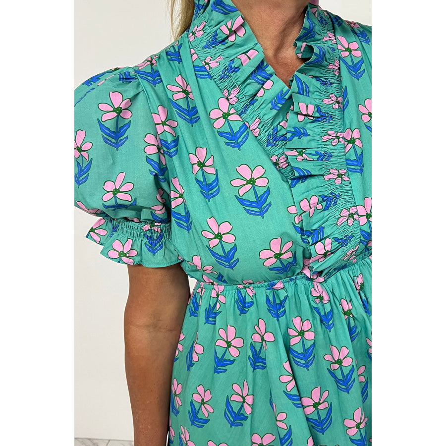 Green Floral Print Frilly Smocked Detail High Waist Mini Dress Dresses/Floral Dresses