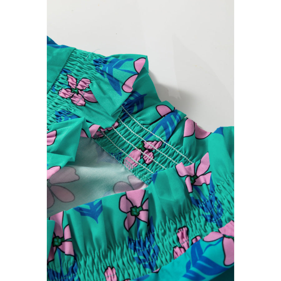 Green Floral Print Frilly Smocked Detail High Waist Mini Dress Dresses/Floral Dresses