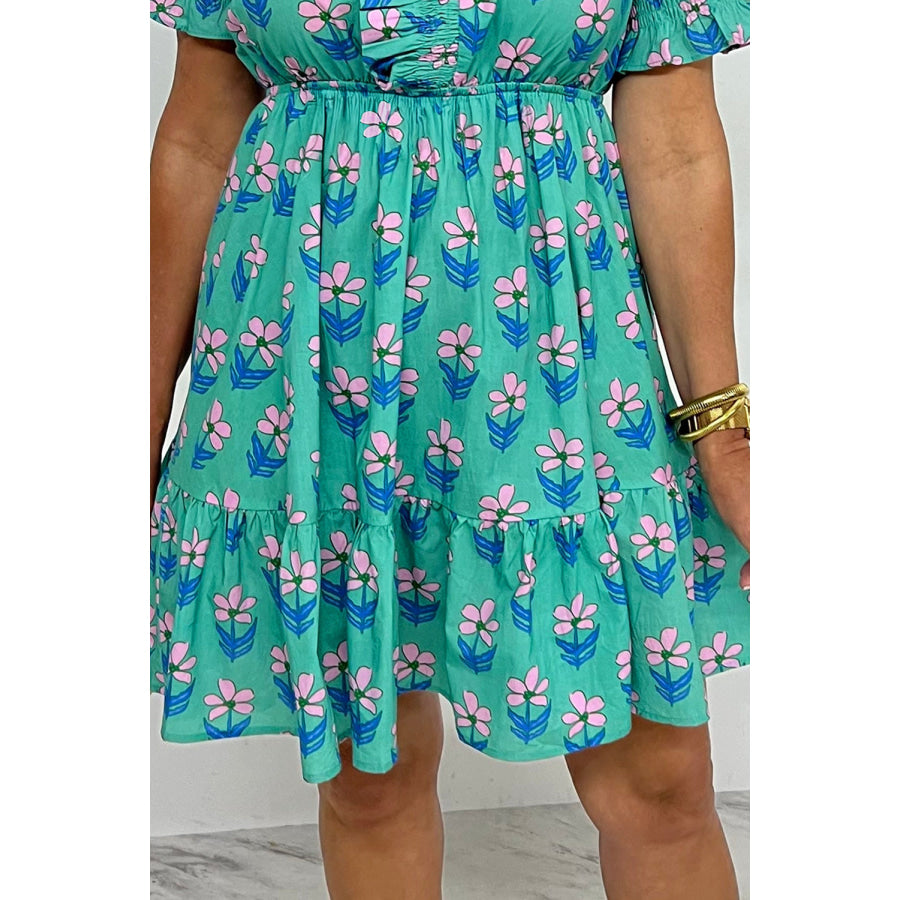 Green Floral Print Frilly Smocked Detail High Waist Mini Dress Dresses/Floral Dresses