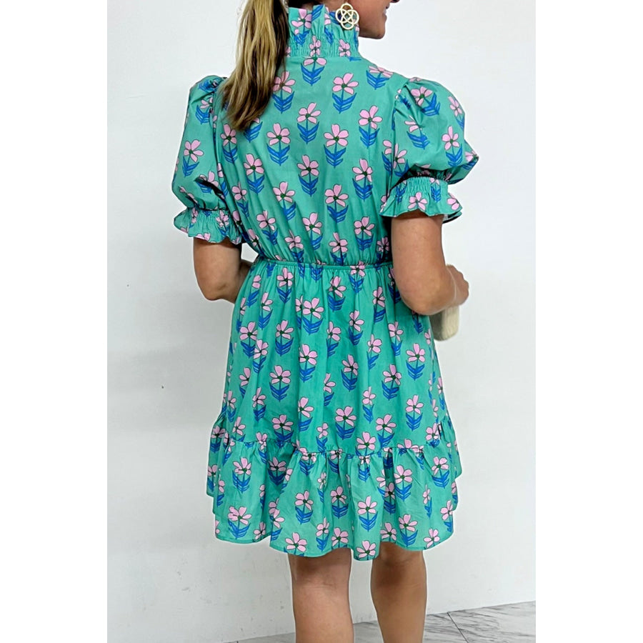 Green Floral Print Frilly Smocked Detail High Waist Mini Dress Dresses/Floral Dresses