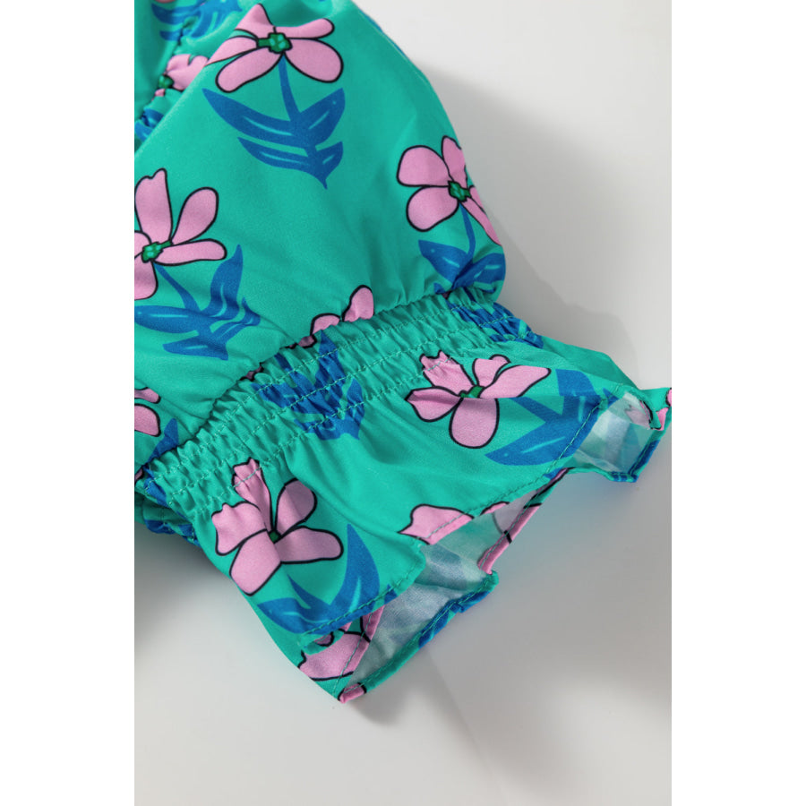 Green Floral Print Frilly Smocked Detail High Waist Mini Dress Dresses/Floral Dresses