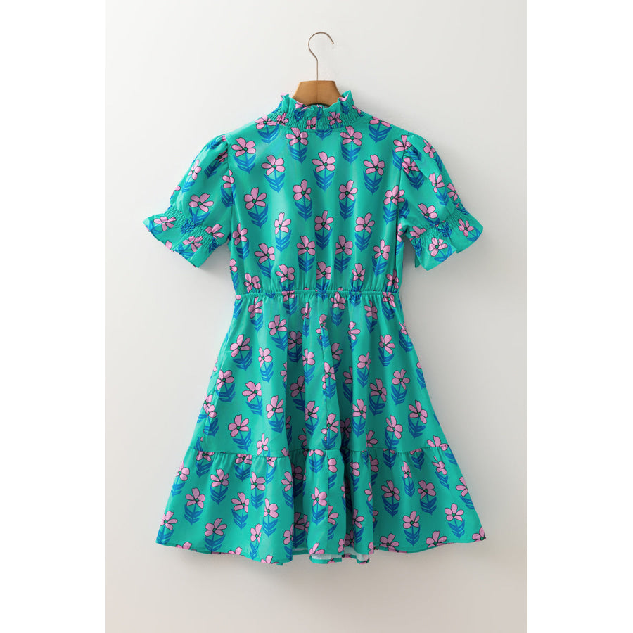 Green Floral Print Frilly Smocked Detail High Waist Mini Dress Dresses/Floral Dresses