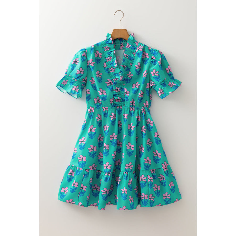 Green Floral Print Frilly Smocked Detail High Waist Mini Dress Dresses/Floral Dresses