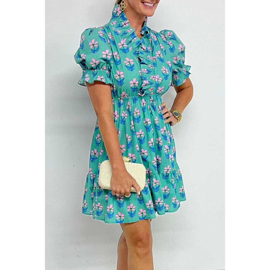 Green Floral Print Frilly Smocked Detail High Waist Mini Dress Green / S / 100% Polyester Dresses/Floral Dresses