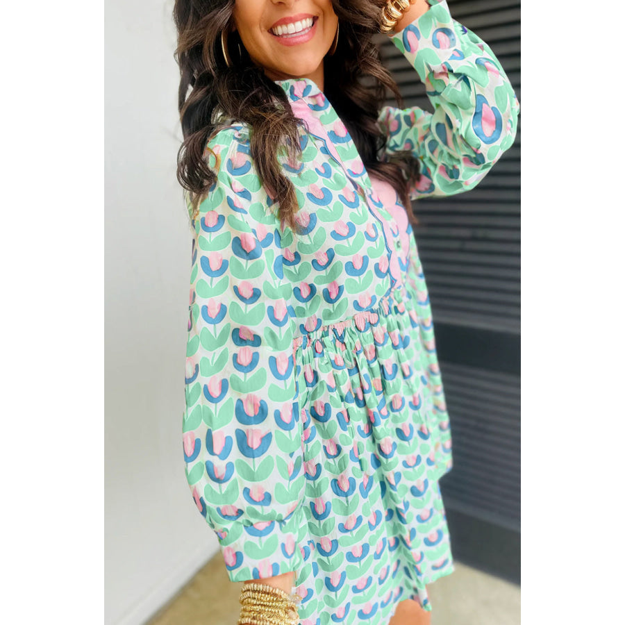Green Floral Print Notched Neck Scalloped Detail Long Sleeve Mini Dress Dresses/Floral Dresses