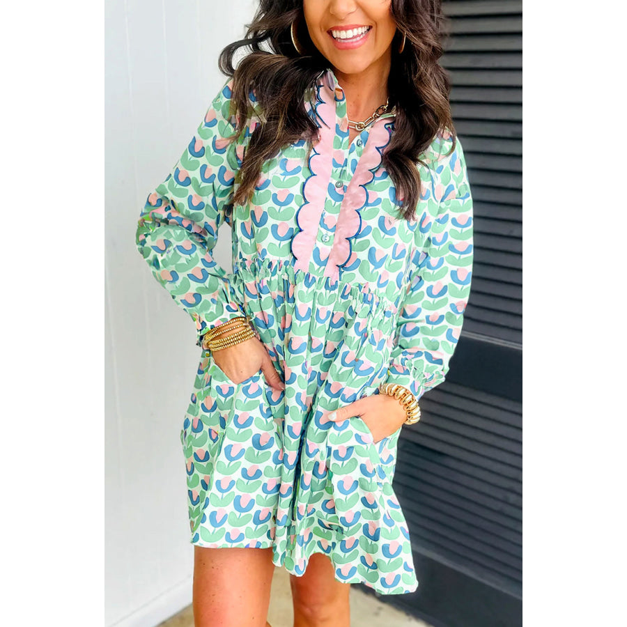 Green Floral Print Notched Neck Scalloped Detail Long Sleeve Mini Dress Dresses/Floral Dresses