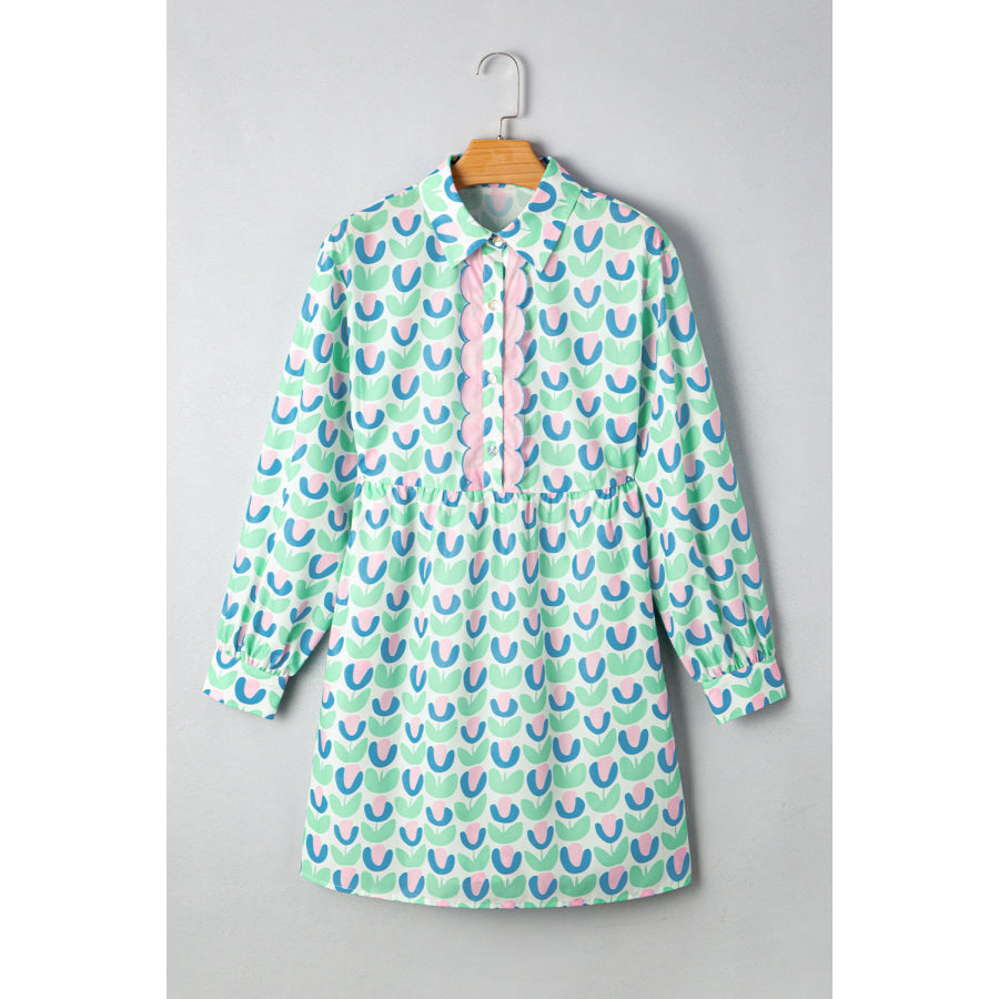 Green Floral Print Notched Neck Scalloped Detail Long Sleeve Mini Dress Dresses/Floral Dresses