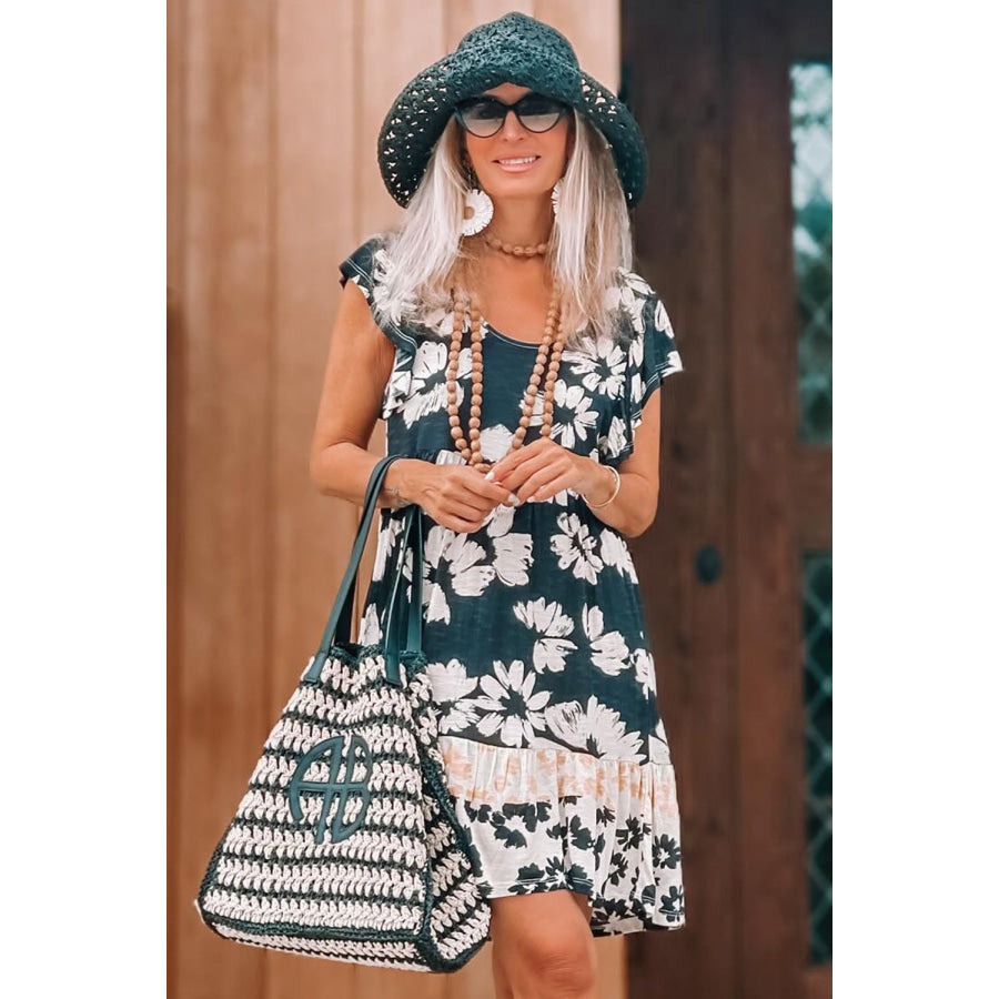 Green Floral Print Ruffle Sleeve Empire Waist Mini Dress Dresses/Mini Dresses