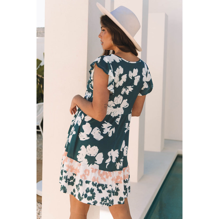 Green Floral Print Ruffle Sleeve Empire Waist Mini Dress Dresses/Mini Dresses