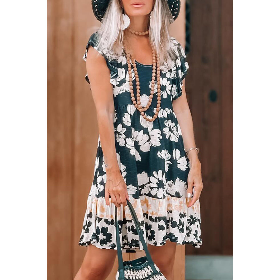 Green Floral Print Ruffle Sleeve Empire Waist Mini Dress Dresses/Mini Dresses