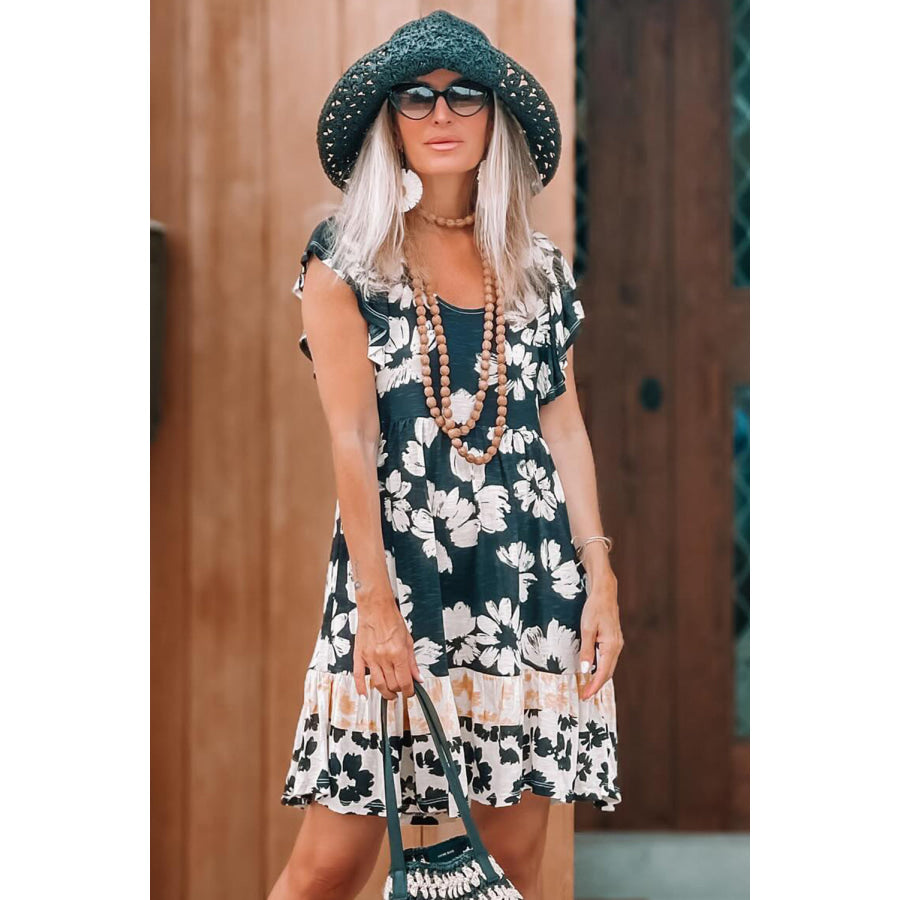 Green Floral Print Ruffle Sleeve Empire Waist Mini Dress Dresses/Mini Dresses