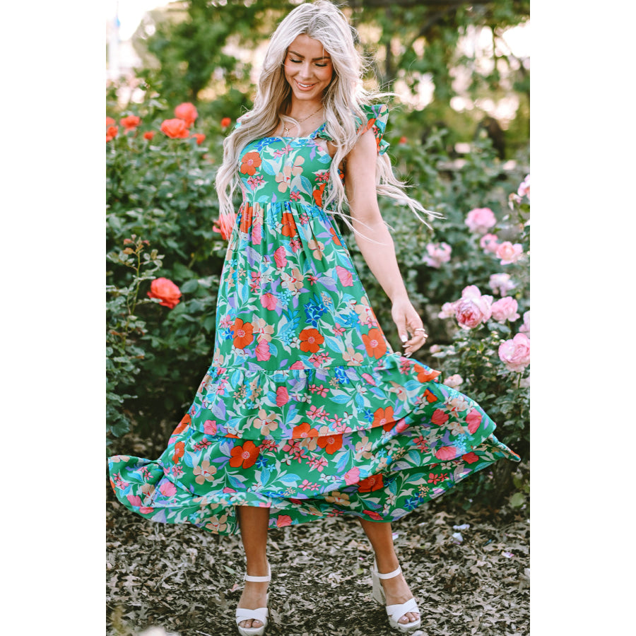 Green Floral Print Sleeveless Ruffle Tiered Maxi Dress Dresses/Floral Dresses