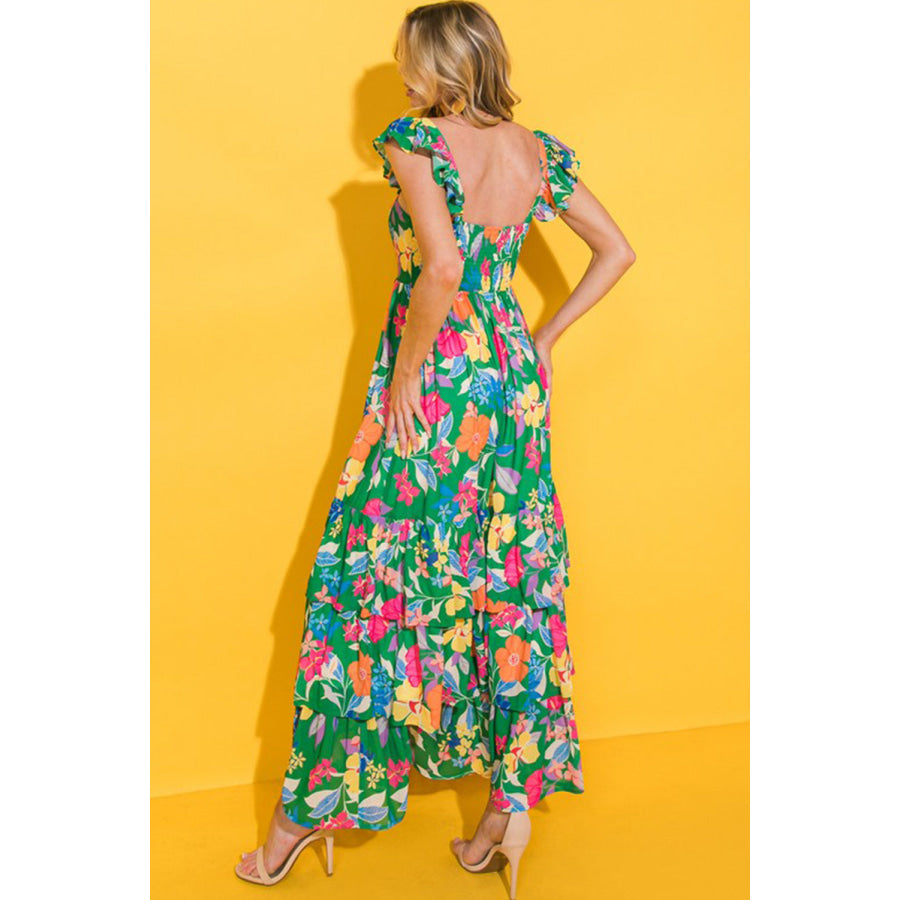 Green Floral Print Sleeveless Ruffle Tiered Maxi Dress Dresses/Floral Dresses