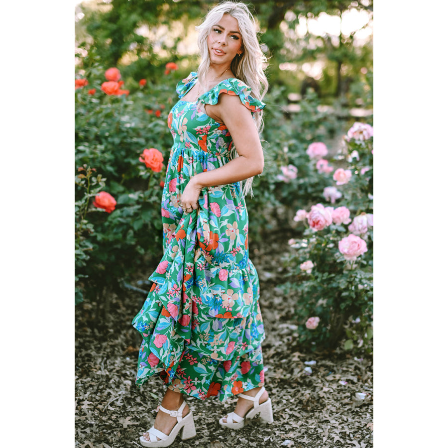 Green Floral Print Sleeveless Ruffle Tiered Maxi Dress Dresses/Floral Dresses