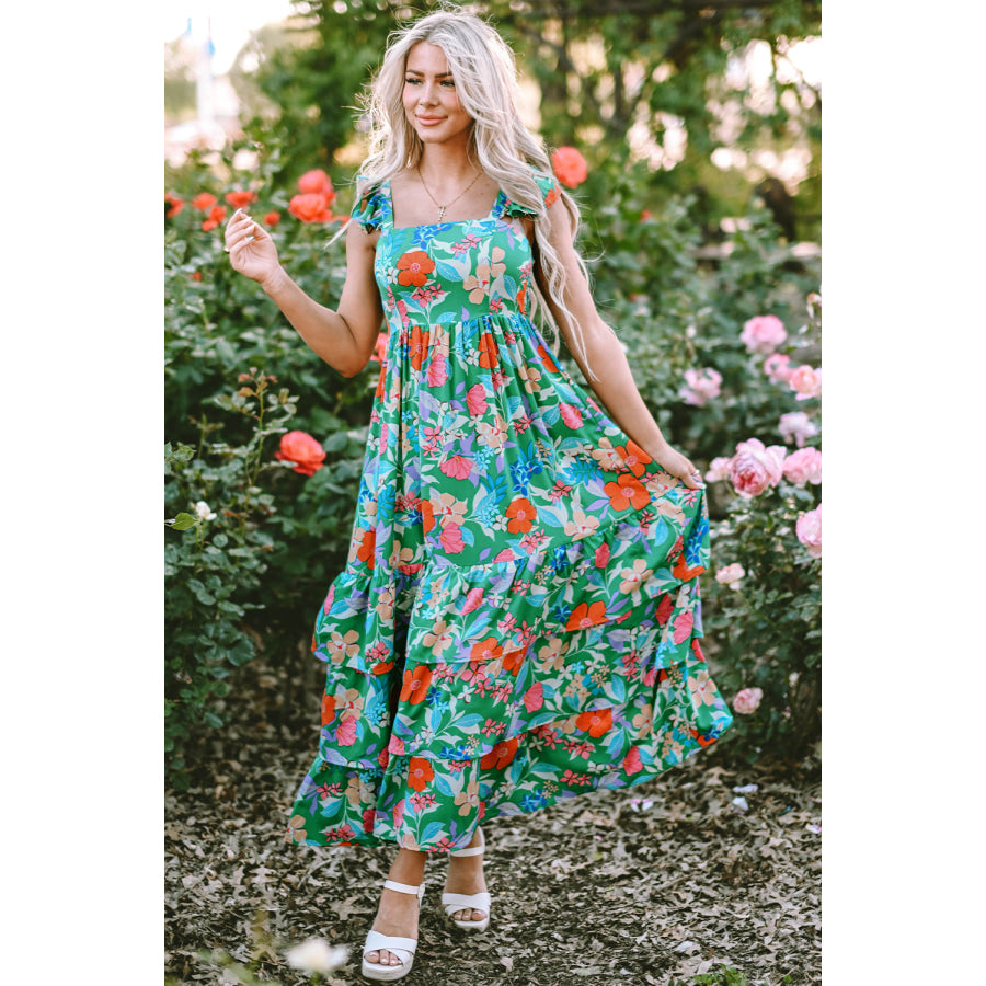 Green Floral Print Sleeveless Ruffle Tiered Maxi Dress Dresses/Floral Dresses