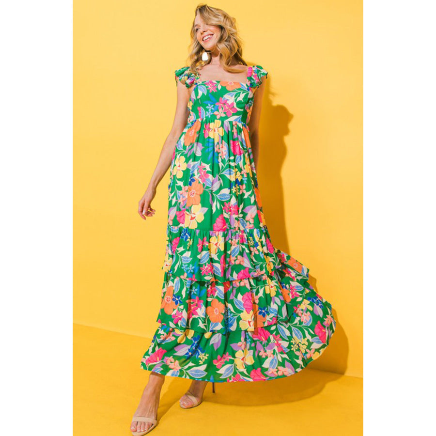 Green Floral Print Sleeveless Ruffle Tiered Maxi Dress Dresses/Floral Dresses