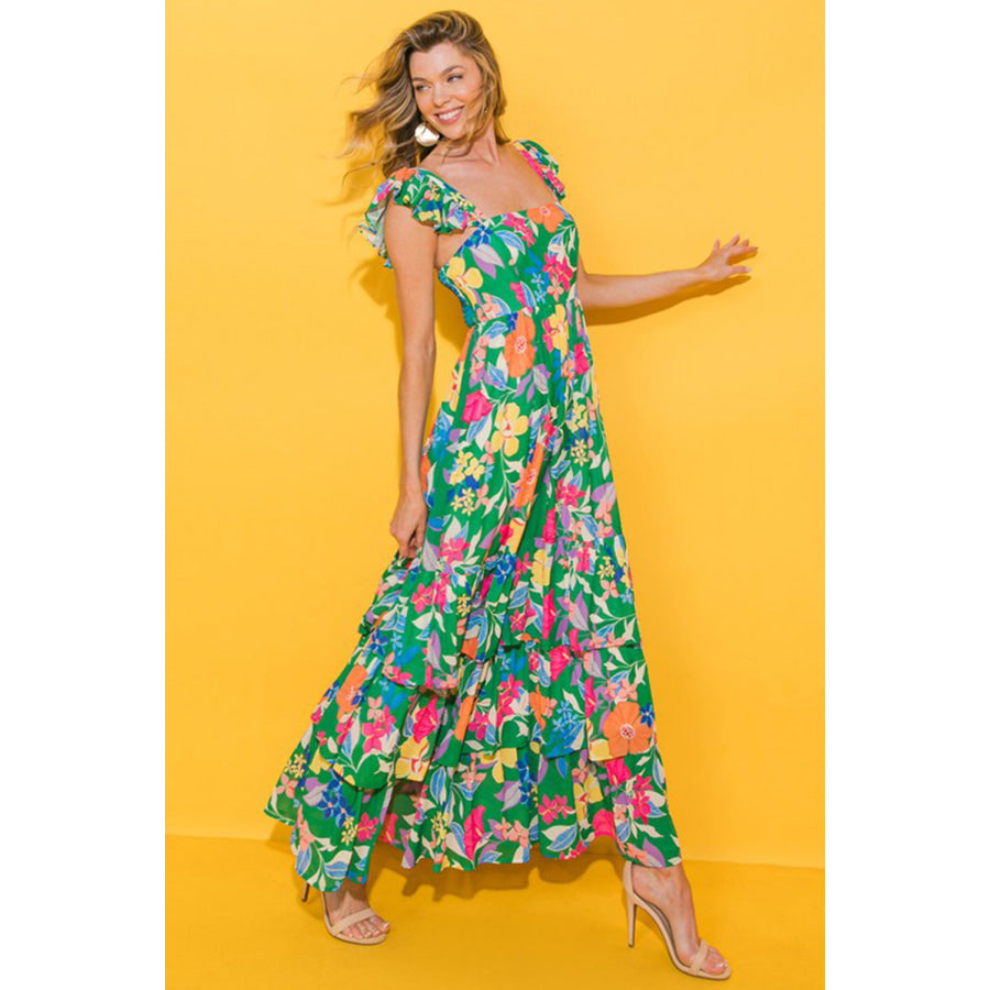 Green Floral Print Sleeveless Ruffle Tiered Maxi Dress Dresses/Floral Dresses