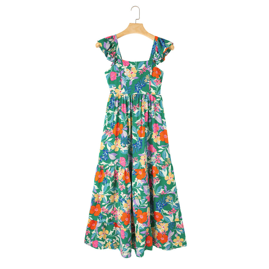 Green Floral Print Sleeveless Ruffle Tiered Maxi Dress Dresses/Floral Dresses