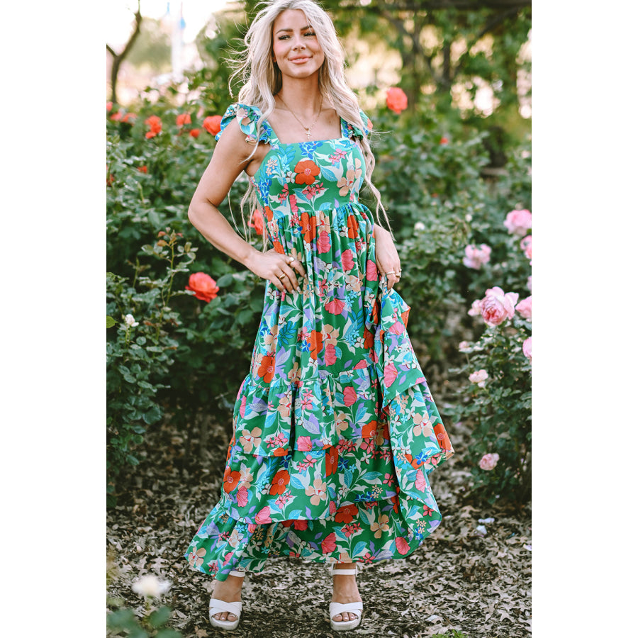 Green Floral Print Sleeveless Ruffle Tiered Maxi Dress Dresses/Floral Dresses