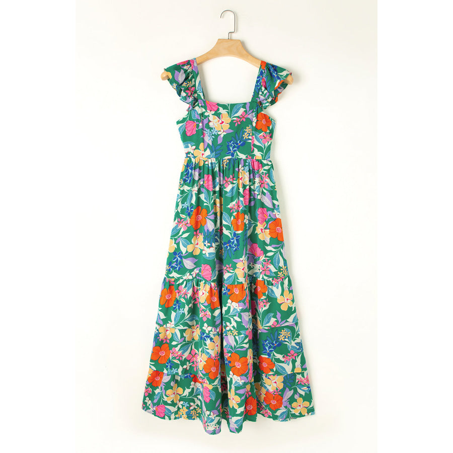 Green Floral Print Sleeveless Ruffle Tiered Maxi Dress Dresses/Floral Dresses