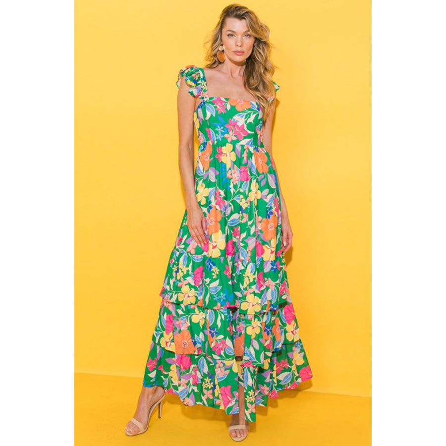 Green Floral Print Sleeveless Ruffle Tiered Maxi Dress Dresses/Floral Dresses