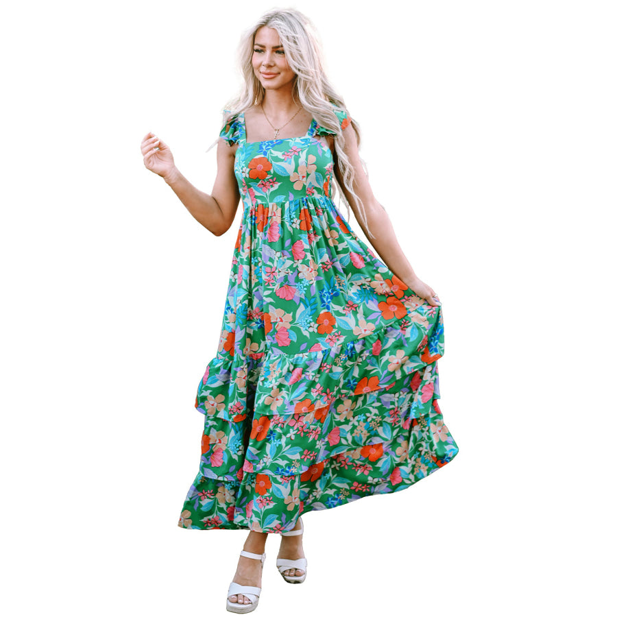 Green Floral Print Sleeveless Ruffle Tiered Maxi Dress Dresses/Floral Dresses