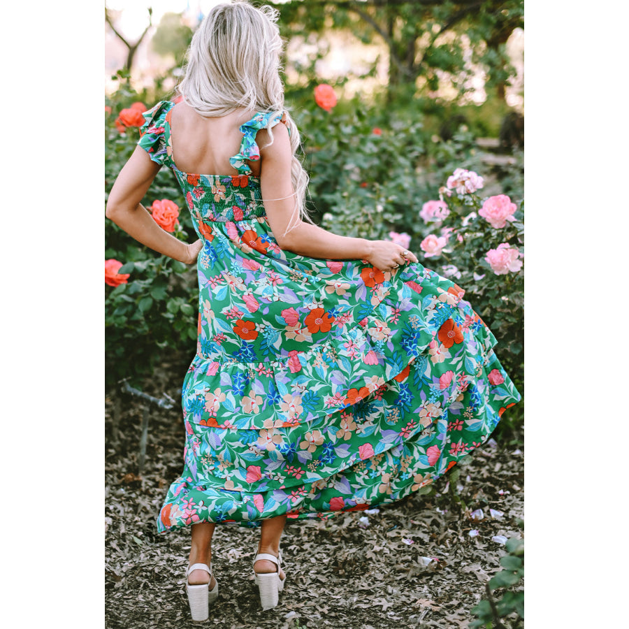 Green Floral Print Sleeveless Ruffle Tiered Maxi Dress Dresses/Floral Dresses