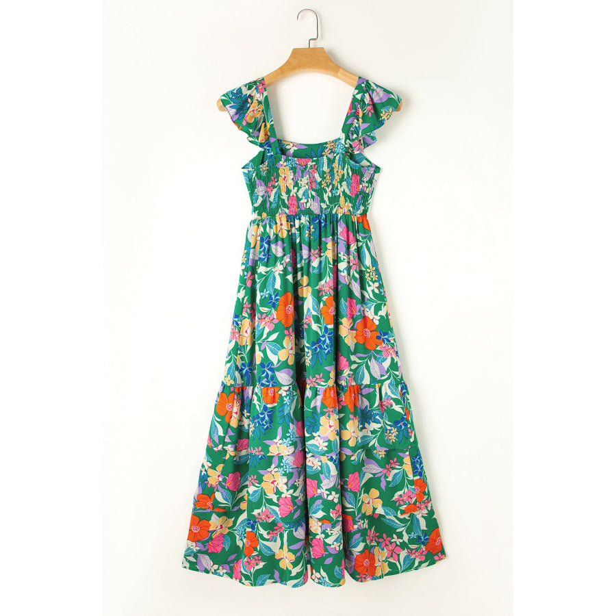 Green Floral Print Sleeveless Ruffle Tiered Maxi Dress Dresses/Floral Dresses