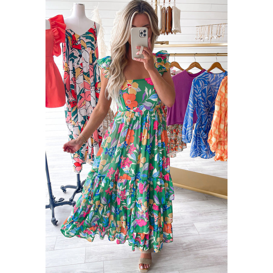 Green Floral Print Sleeveless Ruffle Tiered Maxi Dress Dresses/Floral Dresses