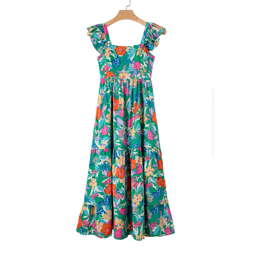 Green Floral Print Sleeveless Ruffle Tiered Maxi Dress Dresses/Floral Dresses