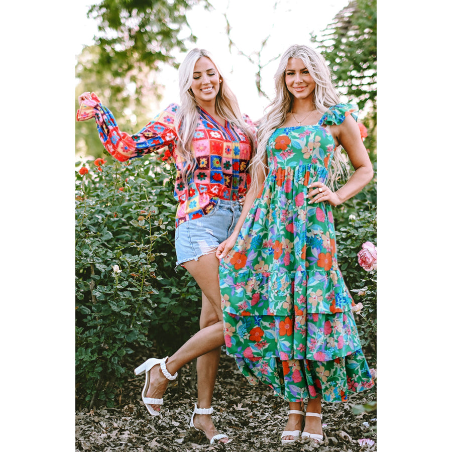 Green Floral Print Sleeveless Ruffle Tiered Maxi Dress Dresses/Floral Dresses