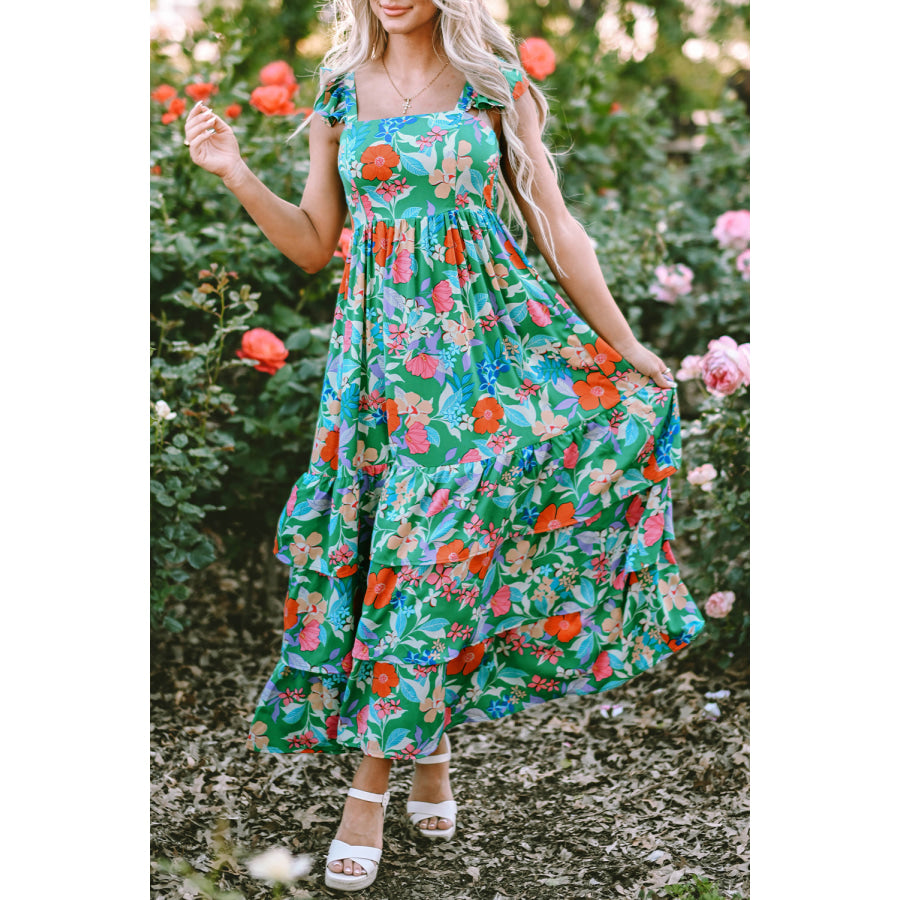 Green Floral Print Sleeveless Ruffle Tiered Maxi Dress Dresses/Floral Dresses