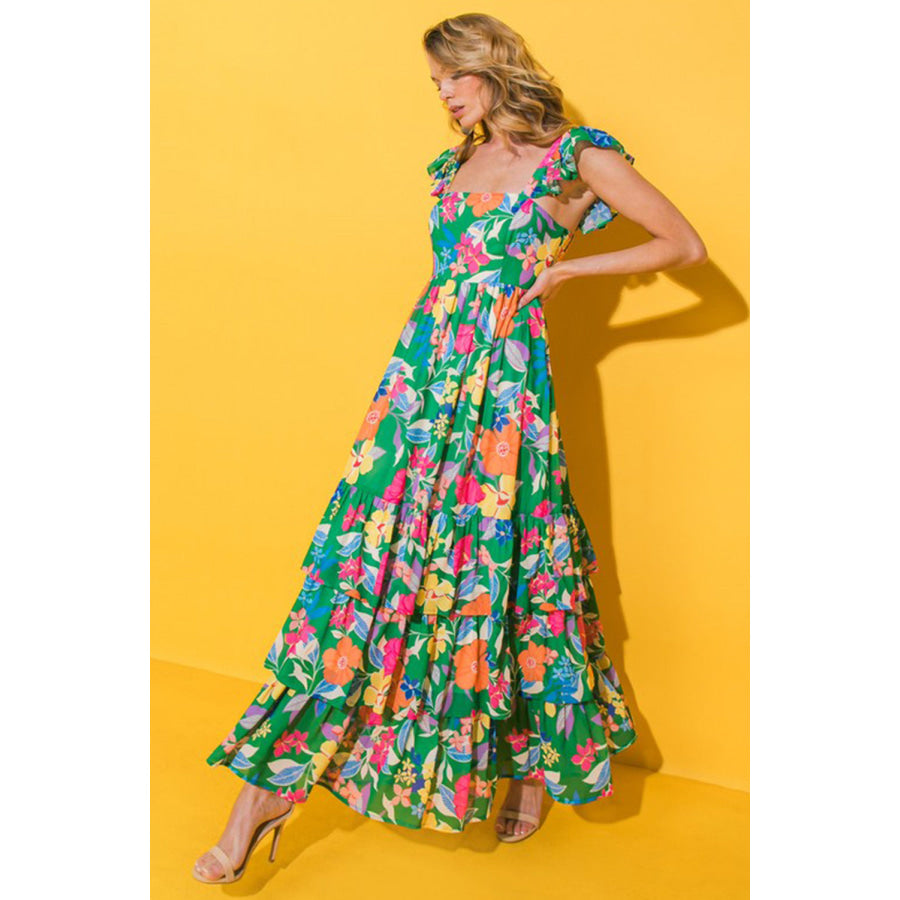 Green Floral Print Sleeveless Ruffle Tiered Maxi Dress Dresses/Floral Dresses