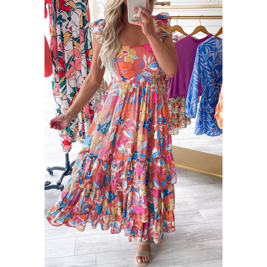 Green Floral Print Sleeveless Ruffle Tiered Maxi Dress Pink / S / 100% Polyester Dresses/Floral Dresses