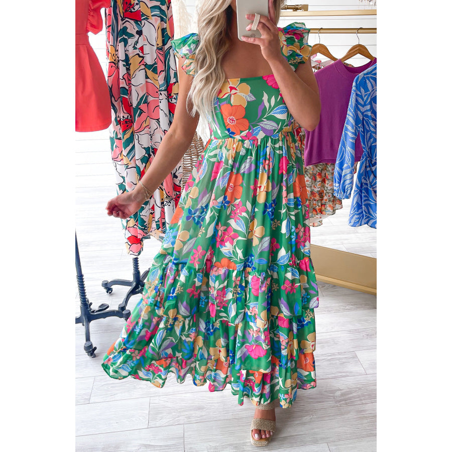 Green Floral Print Sleeveless Ruffle Tiered Maxi Dress Green / S / 100% Polyester Dresses/Floral Dresses