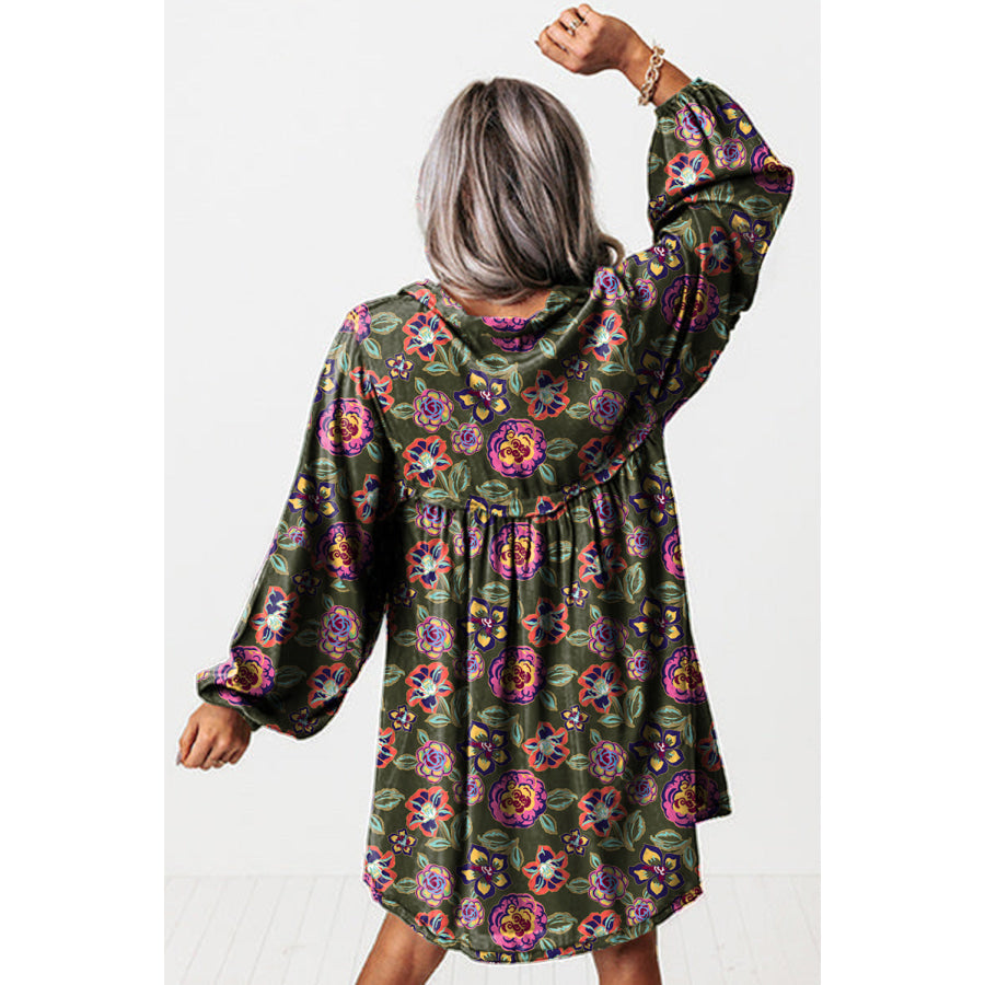 Green Floral Print Split Neck Bubble Sleeve Shift Mini Dress Dresses/Floral Dresses