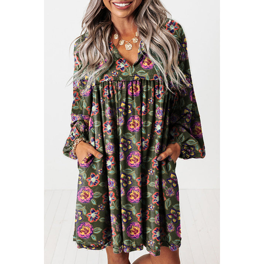 Green Floral Print Split Neck Bubble Sleeve Shift Mini Dress Dresses/Floral Dresses