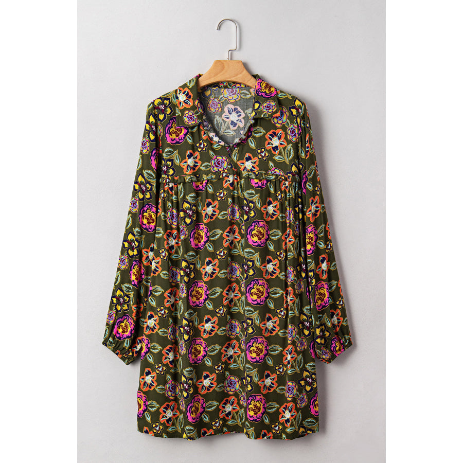 Green Floral Print Split Neck Bubble Sleeve Shift Mini Dress Dresses/Floral Dresses