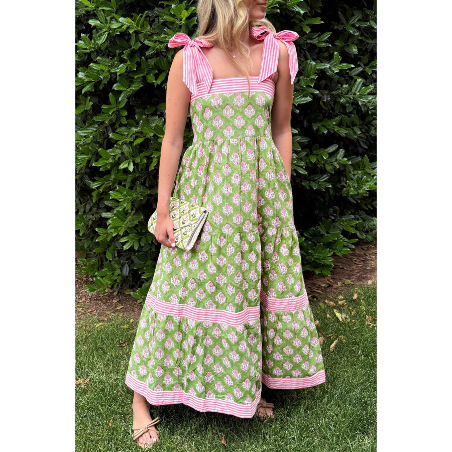 Green Floral Print Striped Detail Knot Straps Maxi Dress Green / S / 100% Viscose Dresses/Floral Dresses